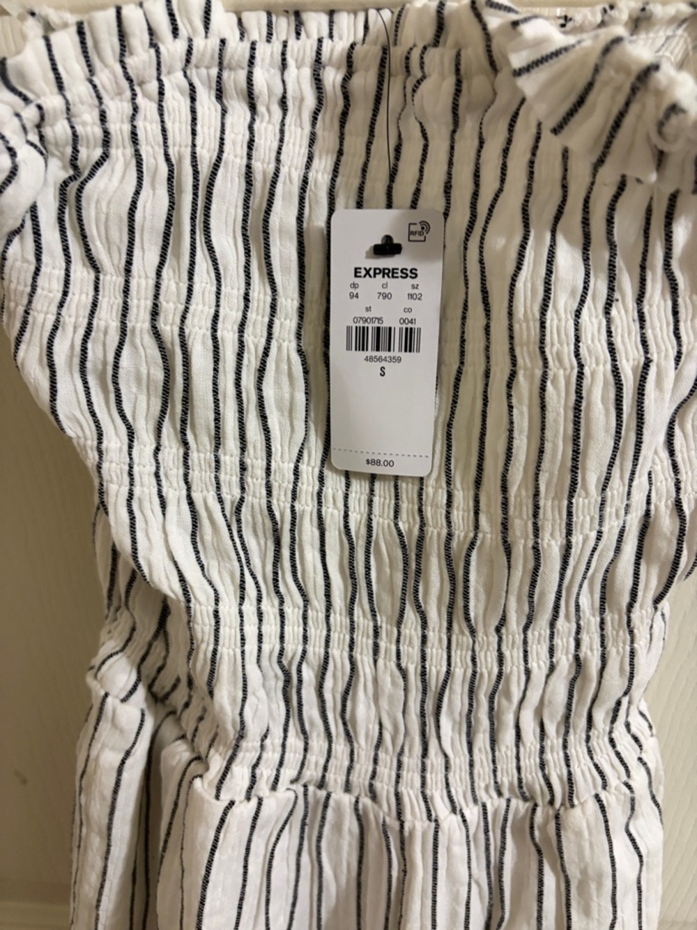 Express Black and White Striped Smocked Jumpsuit
